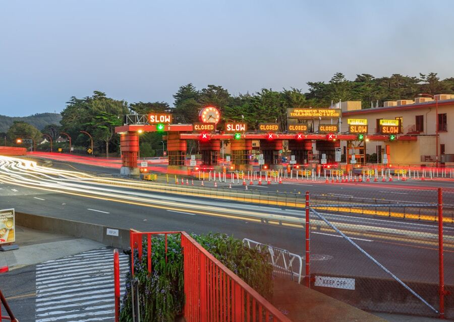 Toll plaza at dusk